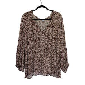 Old Navy Long Sleeve Open Neck Navy Floral Blouse 3X Ditzy Print Peasant Top